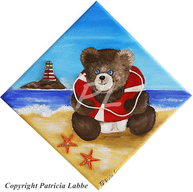 Petit ours � la plage - Huile sur toile - Format 20x20 cm
