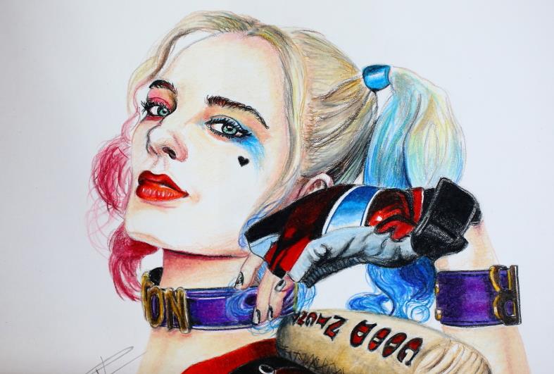 Harley Quinn - Dessin crayons couleur sur Bristol 15x21 cm.