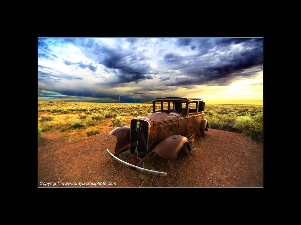 Old wreck Route 66 Petrified Forest National Park Arizona USA