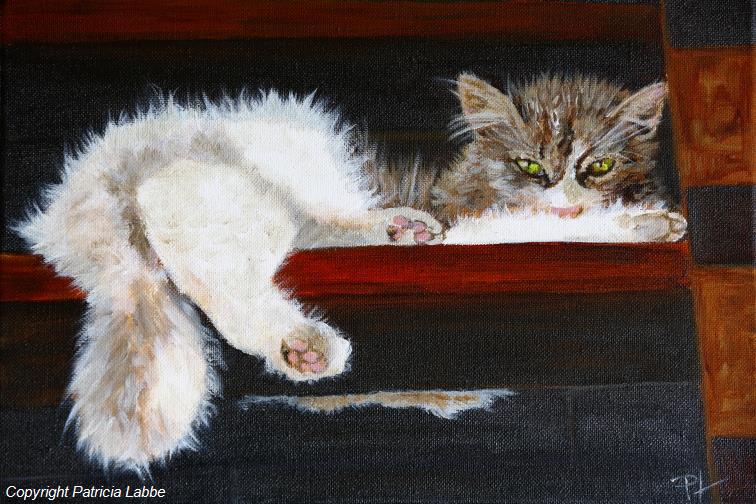 Chat en pleine sieste dans l'escalier - Acrylique sur toile - Format 30x23 cm