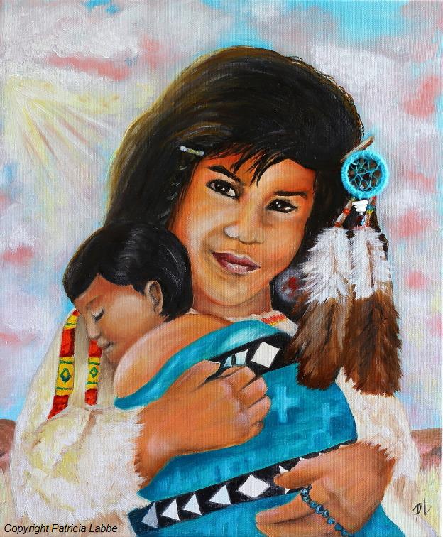 Mon petit fr�re- Huile sur toile 38x46 cm avec bijou dream catcher dans les cheveux, fait main