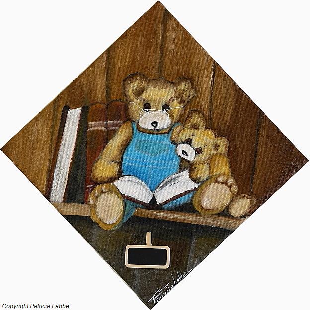 Papa ours et son ourson � la biblioth�que - Huile sur toile - Format 20x20 cm