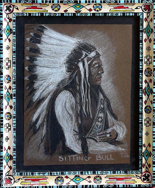 Sitting Bull grand Chef Indien des Lakotas Hunkpapas- Dessin crayons, noir carbothello et blanc - Format 20x26 cm encadr� avec passe-partout
