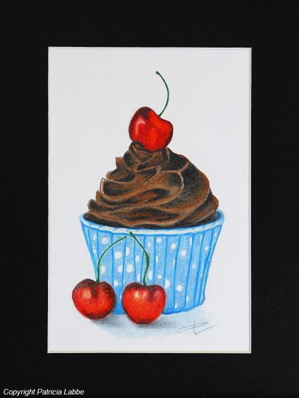 Cupcake chocolat-cerise - Dessin crayons de couleur, 18x24 cm