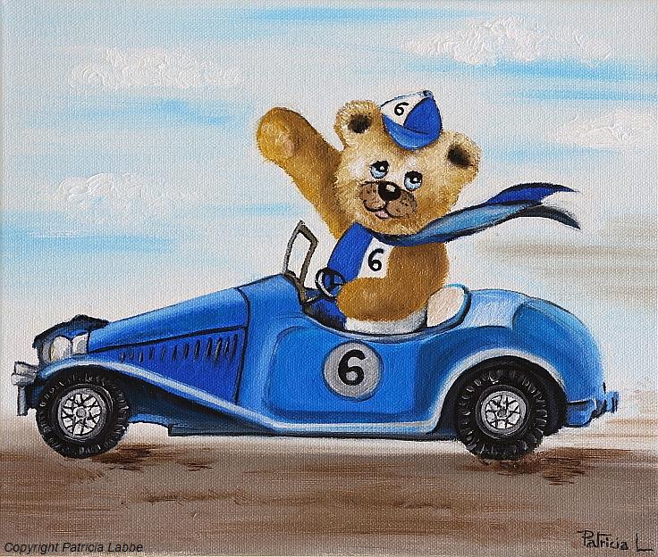 Ourson pilote de course automobile - Huile sur toile - Format 30x25 cm