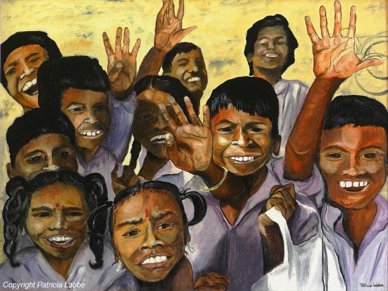 Tumulte joyeux d'�coliers indiens - Huile sur carton entoil� - Format 63x46 cm
